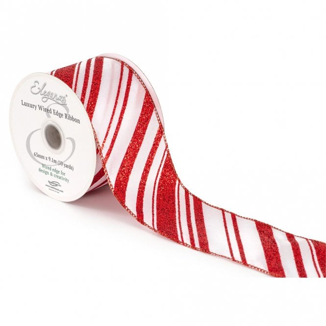 Eleganza Wired Edge Glitter Candy Stripe No.441 63mm x 9.1m Red/White
