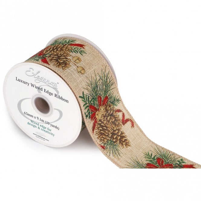 Eleganza Wired Edge Pine cone Christmas Glitter 63mm x 9.1m Design No.419 Natural