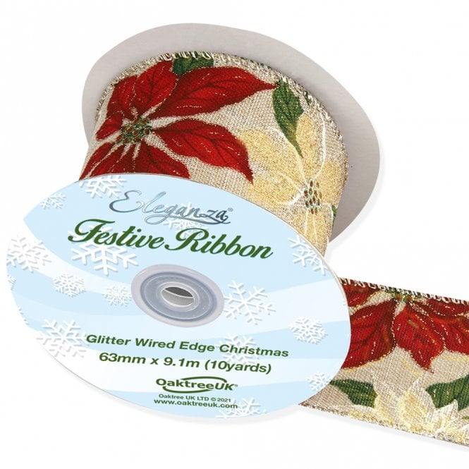 Eleganza Wired Glitter Poinsettia 63mm x 9.1m Design No.380