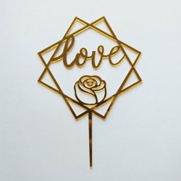 Geometric Metallic Gold "Love & Rose" Acrylic Cake Topper