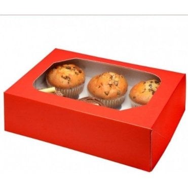 Glossy Red Cupcake Box with Window - Holds 6 Cupcakes