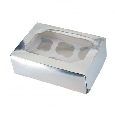 Glossy Silver Cupcake Box with Window - Holds 6 Cupcakes