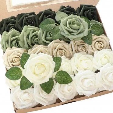 Gradient Army Green Premium Artificial Foam Roses - Set of 25
