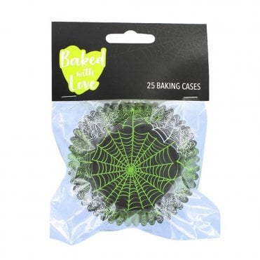 Green Spider Web Foil Lined Black Baking Cupcake Cases - Pack Of 25