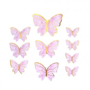 Hand Painted Pink Stripe Gold Butterfly Cake Topper - Pack of 10