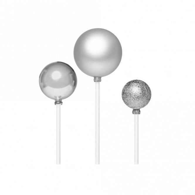 Happy Toppers Silver - Metallic Ball Cake Decorating Topper Assorted - Pack Of 3 - 3cm, 4cm & 5cm