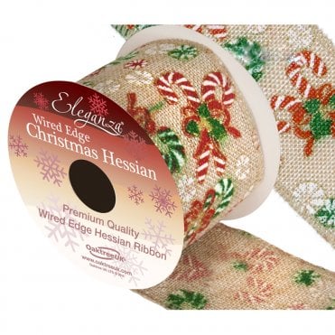 Hessian Wired Edge Candy Cane Christmas 10yds x 63mm