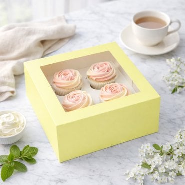 Lemon Yellow Premium Cupcake Box with Window & Insert - Holds 4 Cupcakes
