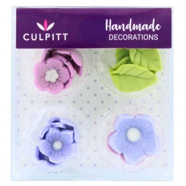 Lilac Flower & Leaves Sugar Decorations - Pack of 16 