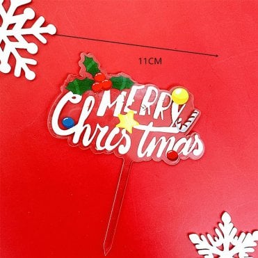Merry Christmas Acrylic Holly & Berries White on Clear Cake Topper - Style 3