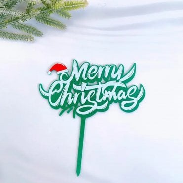 Merry Christmas Acrylic Santa Cap Green Cake Topper - Style 6