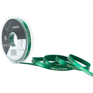 Merry Christmas Hunter Green Double Faced Satin Ribbon - 10mm x 20M