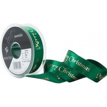 Merry Christmas Ribbon in Green with Metallic Gold Font 25mm x 20 meters