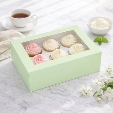 Mint Premium Cupcake Box with Window & Insert - Holds 6 Cupcakes