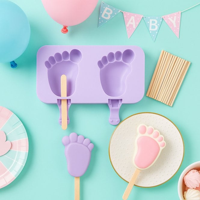 Mould Factory Baby Footprint Silicone Cakesicle Mold - 2 Cavities + 50 Birchwood Sticks Included