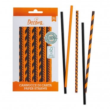 Orange And Black Paper Bio Straws - Pack of 80 Pieces