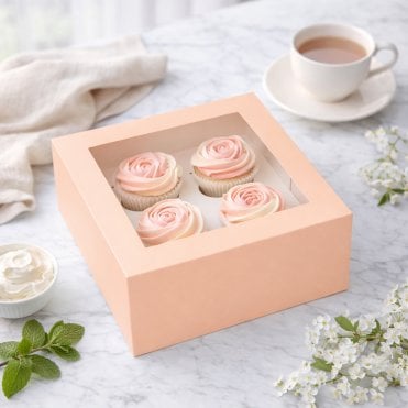 Peach Premium Cupcake Box with Window & Insert - Holds 4 Cupcakes