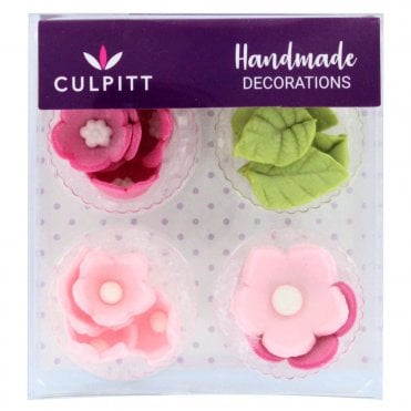 Pink Flower & Leaves Sugar Decorations - Pack Of 16