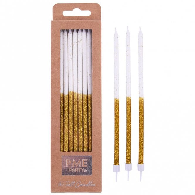PME Tall Gold Glitter Candles - Set of 16