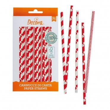 Red And White Paper Bio Straws - Pack of 80 Pieces