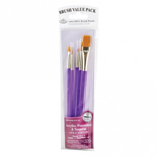 Royal Brush 5 Pieces Acrylic Gold Taklon Handle Set - Rounds, Shader & Wash