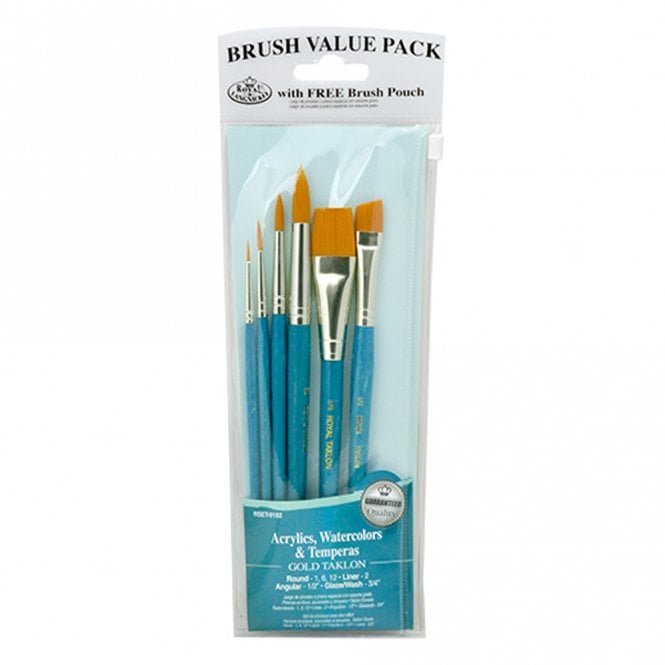 Royal Brush 6 Pieces Gold Taklon Set - Rounds, Glaze Wash, Angular, Liner