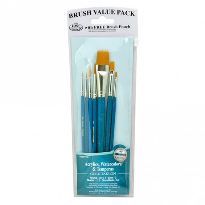 Royal Brush 7 Pieces Gold Taklon Set - Glaze Wash, Shaders, Liner & Rounds