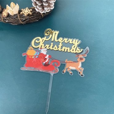 Santa Clause With Reindeer Sleigh Merry Christmas Acrylic Cake Topper - Style 16