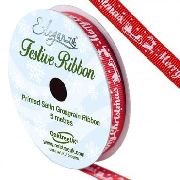 Satin Grosgrain - Merry Christmas reindeer sleigh Red 10mm x 5m