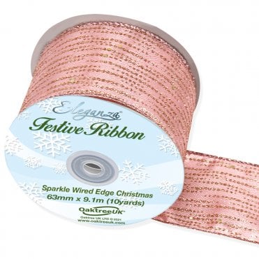Satin Wired Edge Festive Shimmer 63mm x 9.1m Design No.377 Rose Gold No.87