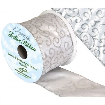 Satin Wired Edge Glitter Filigree Silver 10yds x 63mm
