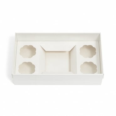 Signature White Bento Cake Box with Insert and Clear Lid - Holds 1 Cake & 4 Cupcakes