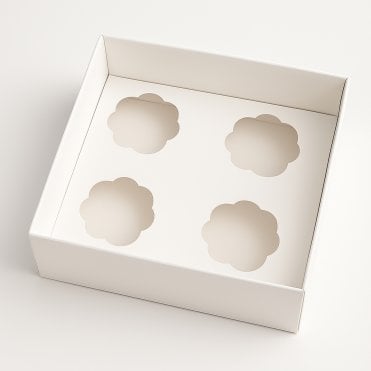 Signature White Cupcake Box with Flower Shaped Insert and Clear Lid - Holds 4 Cupcakes
