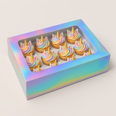 Silver Holographic Prism Unicorn Cupcake Box - Holds 12 Cupcakes