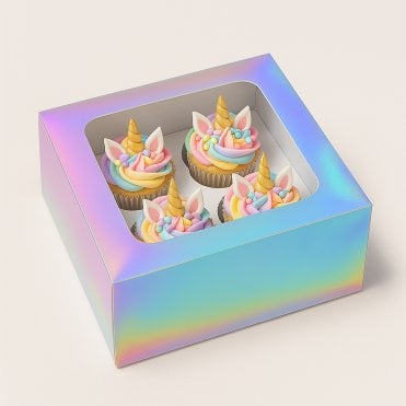 Silver Holographic Prism Unicorn Cupcake Box - Holds 4 Cupcakes