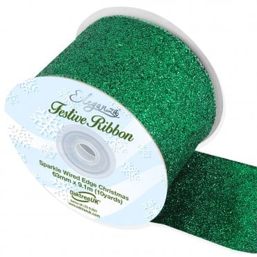Sparkle Wired Edge Ribbon 63mm x 9.1m Green No.50