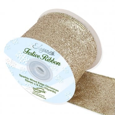 Sparkle Wired Edge Ribbon 63mm x 9.1m Light Gold No.35B