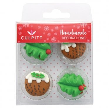 Sugar Decorations - Holly & Christmas Puddings - 12 Pieces
