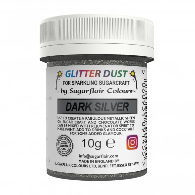 Sugarflair Colours Edible Glitter Dust - Dark Silver (E171 Free) - 10g