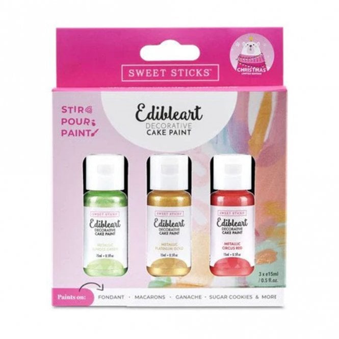 Sweet Sticks Metallic Christmas Trio Pack Of Edible Art Decorative Cake Paint - Pack Of 3 - Best Before 08/23