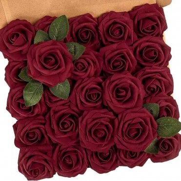 Wine Red Premium Artificial Foam Roses - Set of 25