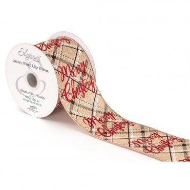Wired Edge Burlap Merry Christmas Tartan No.430 63mm x 9.1m Red White