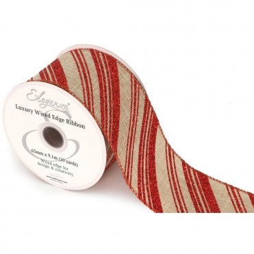 Wired Edge Candy Stripe Glitter 63mm x 9.1m Design No.416 Natural/Red