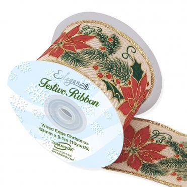 Wired Edge Christmas Glitter Edge Poinsettia No.383 Natural 63mm x 9.1m