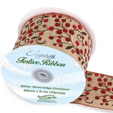 Wired Edge Christmas Large Glitter Berries 63mm x 9.1m Design No.385 Nat/Red