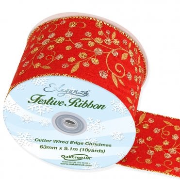 Wired Edge Christmas Large Glitter Berries 63mm x 9.1m Design No.386 Red/Gold