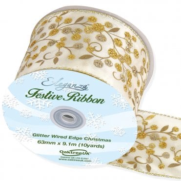 Wired Edge Christmas Large Glitter Berries 63mm x 9.1m Design No.387 Cream/Gold