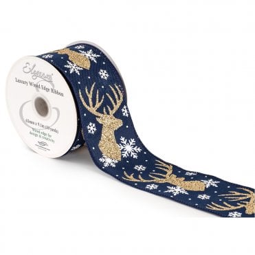 Wired Edge Christmas Stag No.427 63mm x 9.1m Navy Glitter Gold