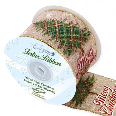 Wired Edge Christmas Tree / Merry Christmas No.382 Natural 63mm x 9.1m