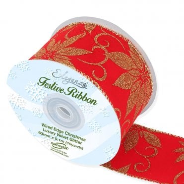 Wired Edge Luxury Velvet Glitter Poinsettia No.392 Red/Gold 63mm x 9.1m